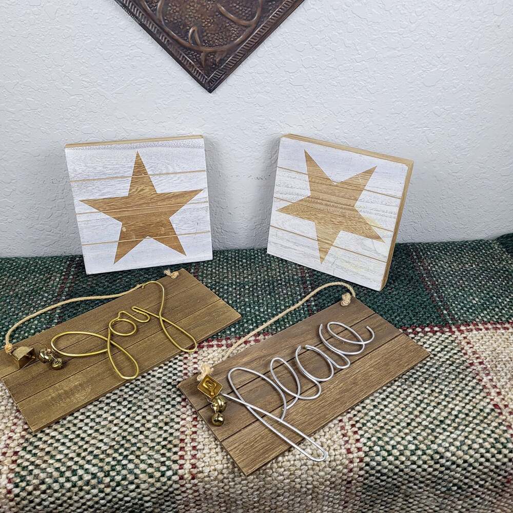 Primitive Rustic Wooden Star Ornaments  2 unit & Set of 2, Joy & Hope